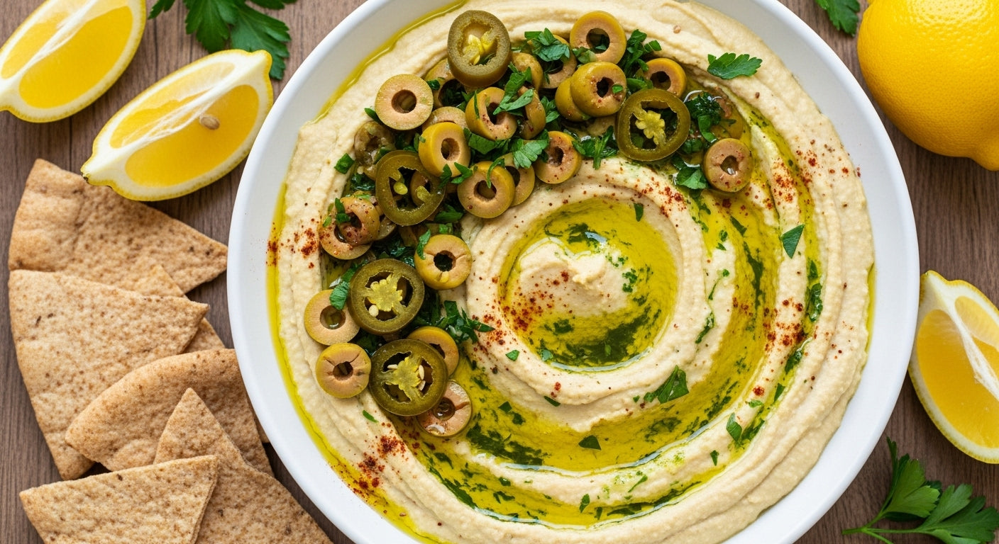 🔥 Hummus - with Marinated Olives & Jalapeño 🌶️🔥🟢 VEGAN🟢