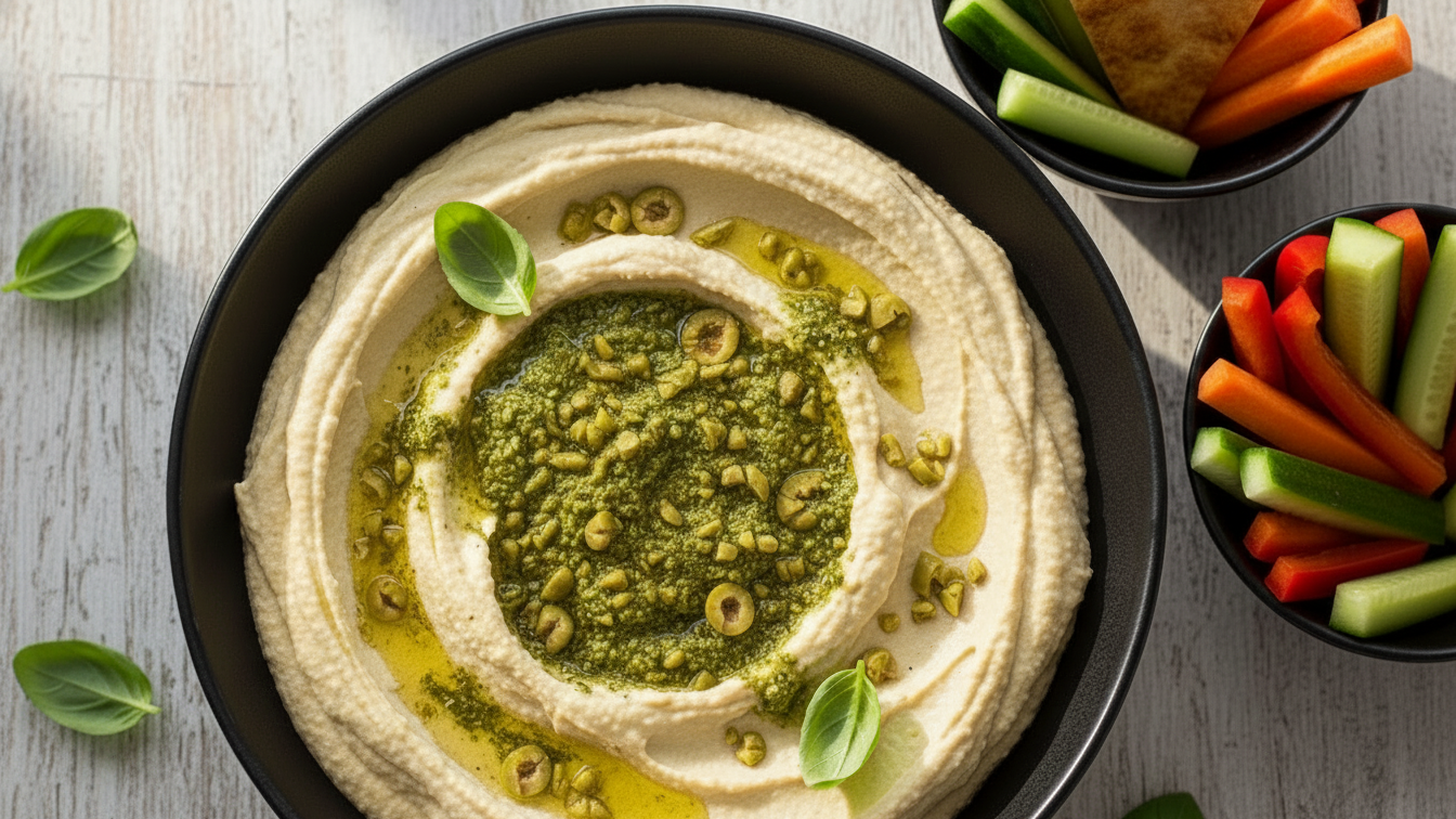 Hummus with Basil Pesto, Geen Olives & Extra Virgin Olive Oil -16oz